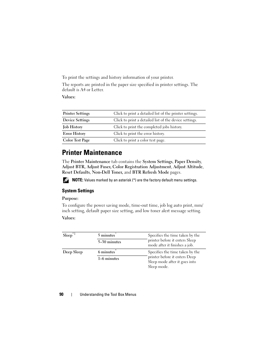 Printer maintenance, System settings | Dell 1250c Color Laser Printer User Manual | Page 92 / 174