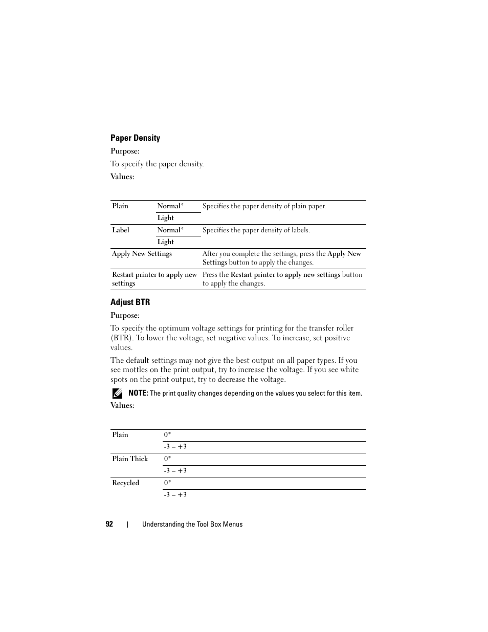 Paper density, Adjust btr | Dell 1250c Color Laser Printer User Manual | Page 94 / 174