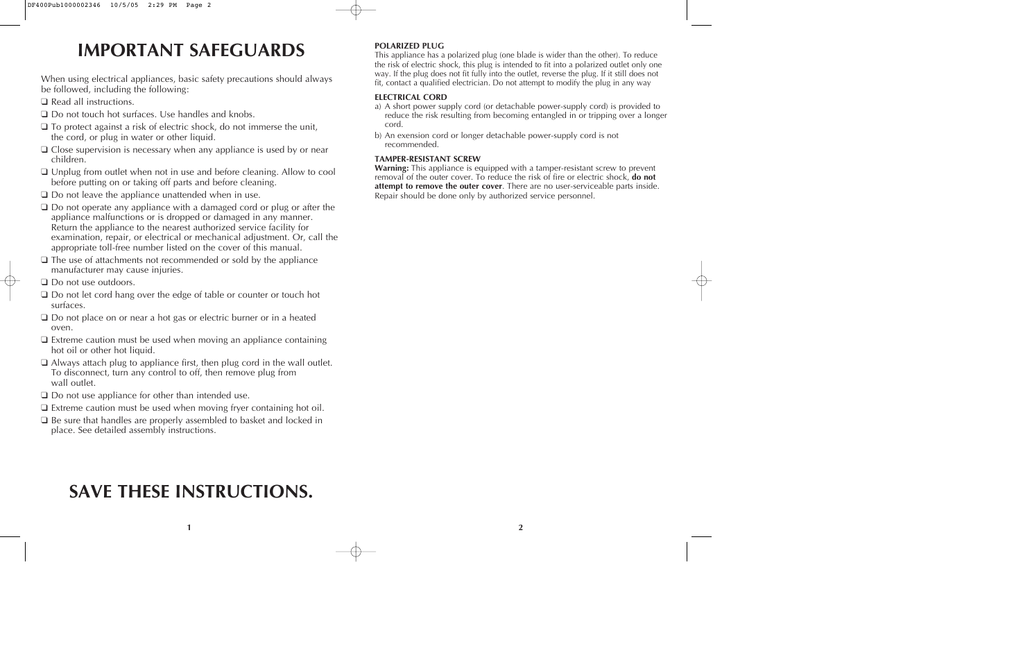 Important safeguards save these instructions | Black & Decker DF400 User Manual | Page 2 / 15