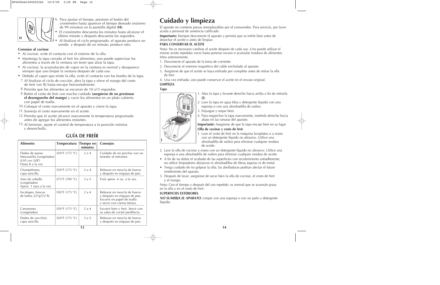 Cuidado y limpieza, Guía de freír | Black & Decker DF400 User Manual | Page 8 / 15