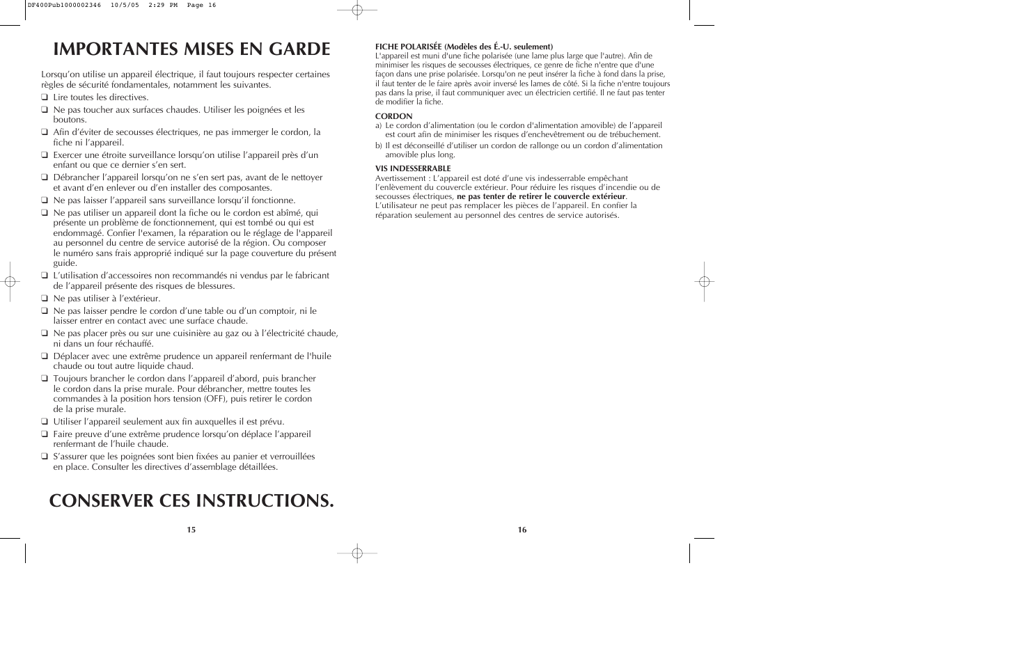 Importantes mises en garde, Conserver ces instructions | Black & Decker DF400 User Manual | Page 9 / 15