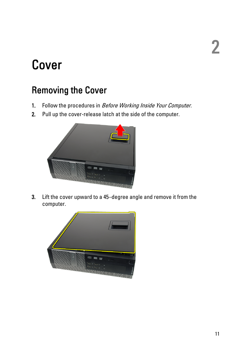 Cover, Removing the cover, 2 cover | Dell OptiPlex 990 (Early 2011) User Manual | Page 11 / 99