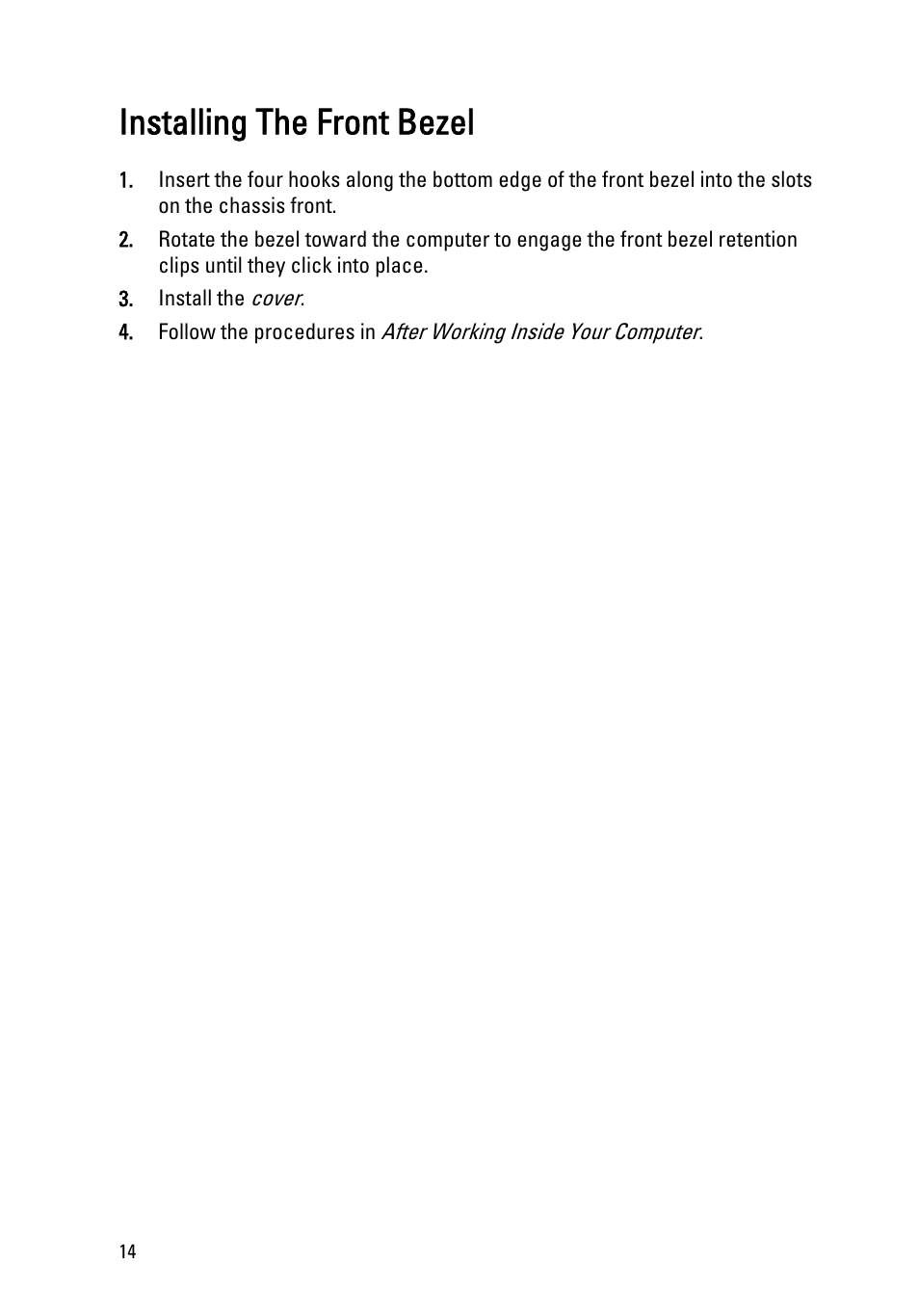 Installing the front bezel | Dell OptiPlex 990 (Early 2011) User Manual | Page 14 / 99