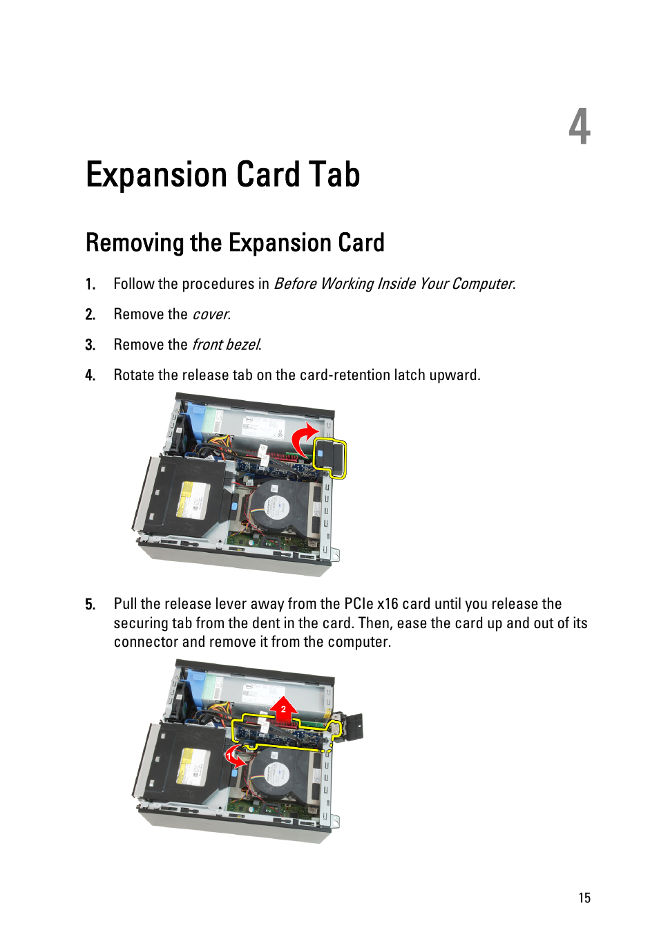 Expansion card tab, Removing the expansion card, 4 expansion card tab | Dell OptiPlex 990 (Early 2011) User Manual | Page 15 / 99