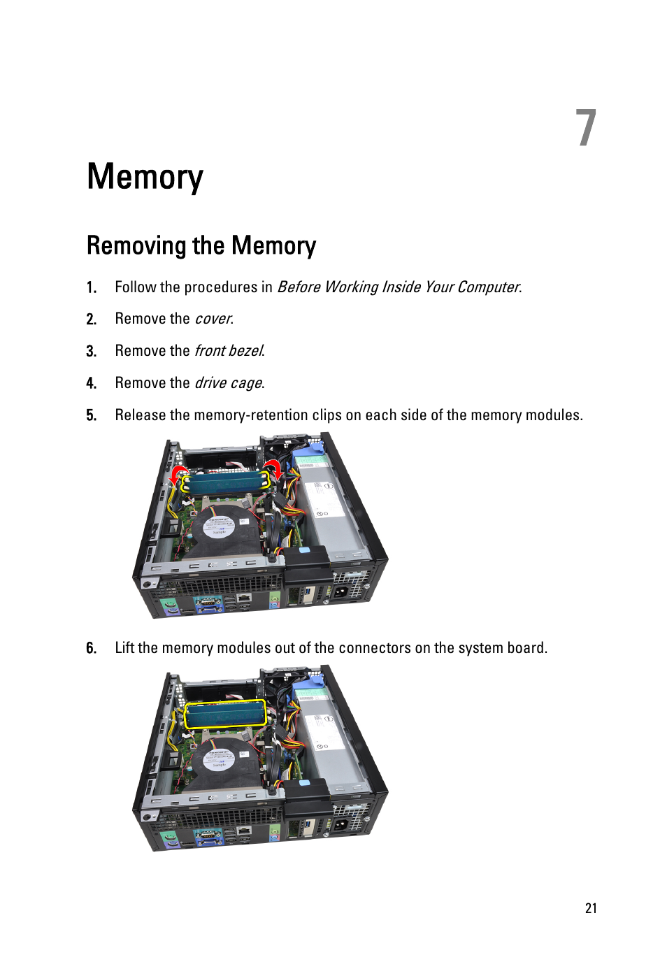 Memory, Removing the memory, 7 memory | Dell OptiPlex 990 (Early 2011) User Manual | Page 21 / 99