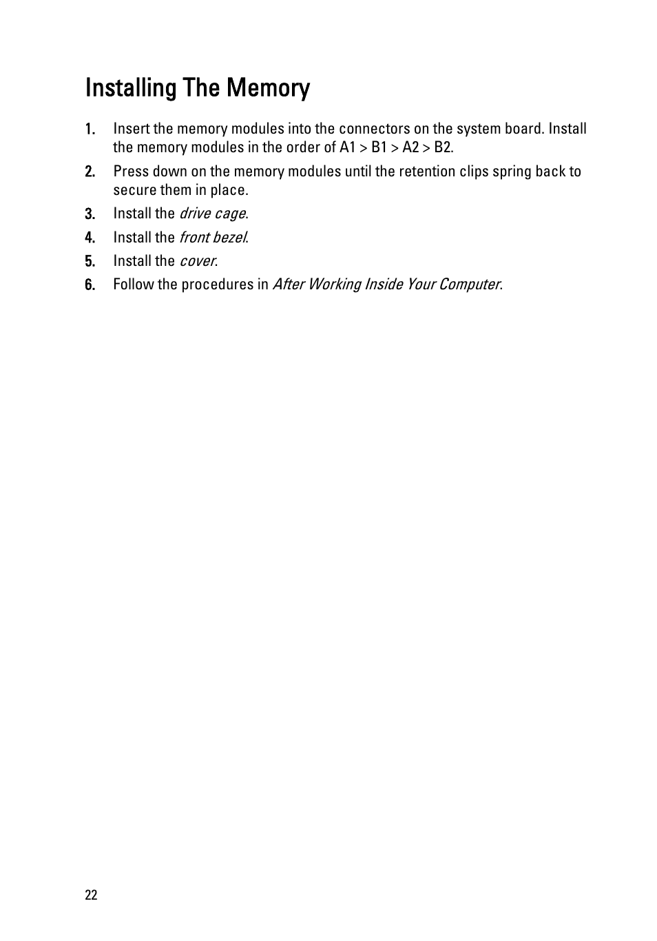 Installing the memory | Dell OptiPlex 990 (Early 2011) User Manual | Page 22 / 99
