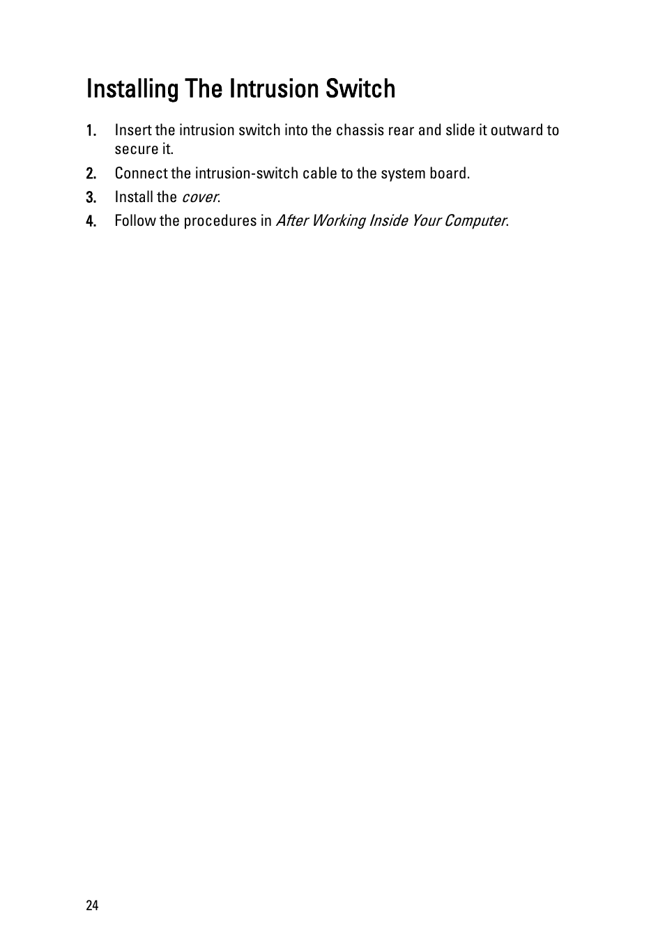 Installing the intrusion switch | Dell OptiPlex 990 (Early 2011) User Manual | Page 24 / 99