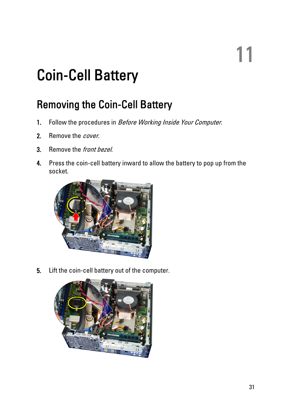 Coin-cell battery, Removing the coin-cell battery, 11 coin-cell battery | Dell OptiPlex 990 (Early 2011) User Manual | Page 31 / 99