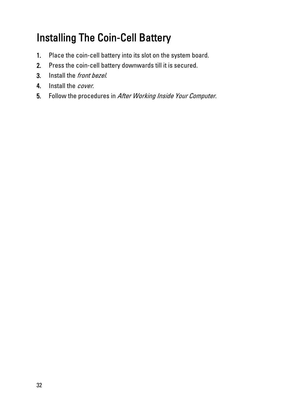 Installing the coin-cell battery | Dell OptiPlex 990 (Early 2011) User Manual | Page 32 / 99