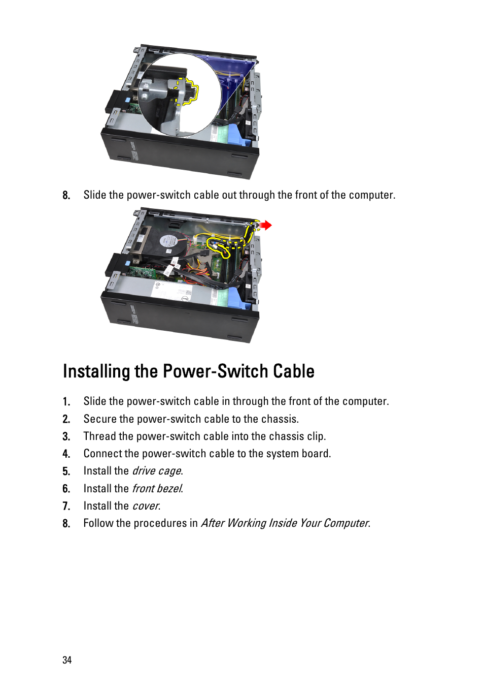 Installing the power-switch cable | Dell OptiPlex 990 (Early 2011) User Manual | Page 34 / 99