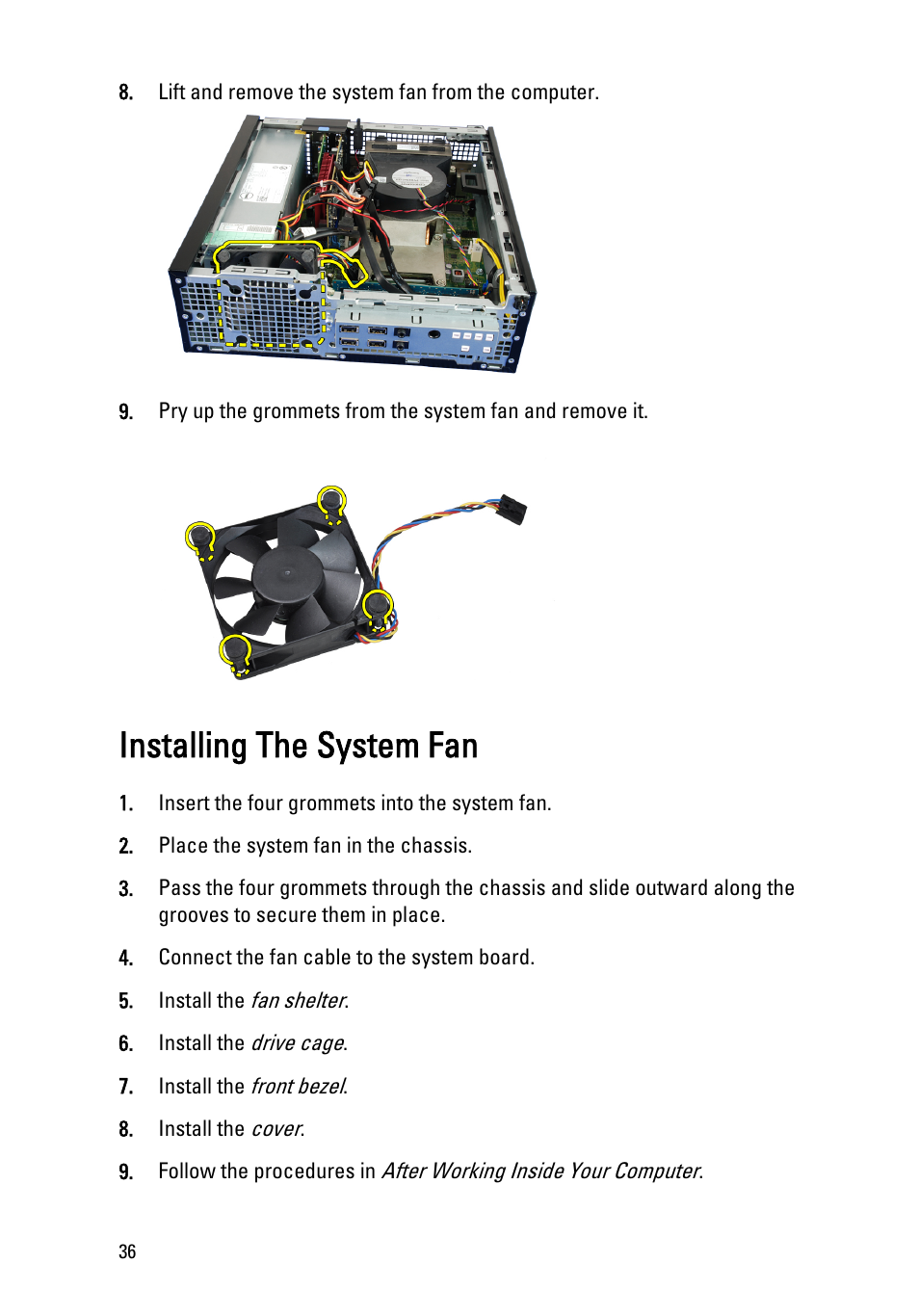 Installing the system fan | Dell OptiPlex 990 (Early 2011) User Manual | Page 36 / 99