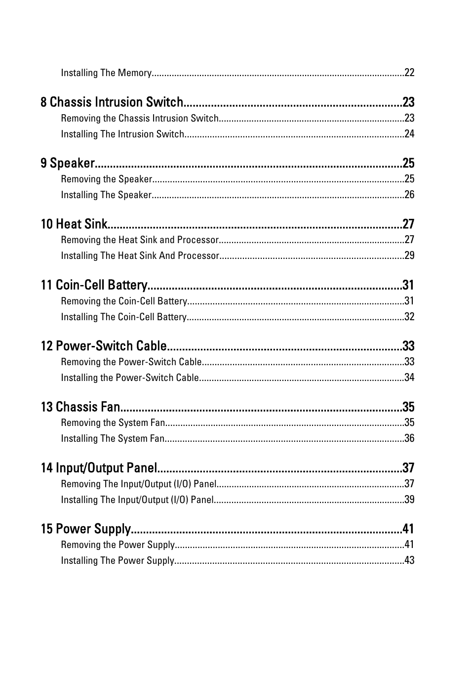 8 chassis intrusion switch, 9 speaker, 10 heat sink | 11 coin-cell battery, 12 power-switch cable, 13 chassis fan, 14 input/output panel, 15 power supply | Dell OptiPlex 990 (Early 2011) User Manual | Page 4 / 99
