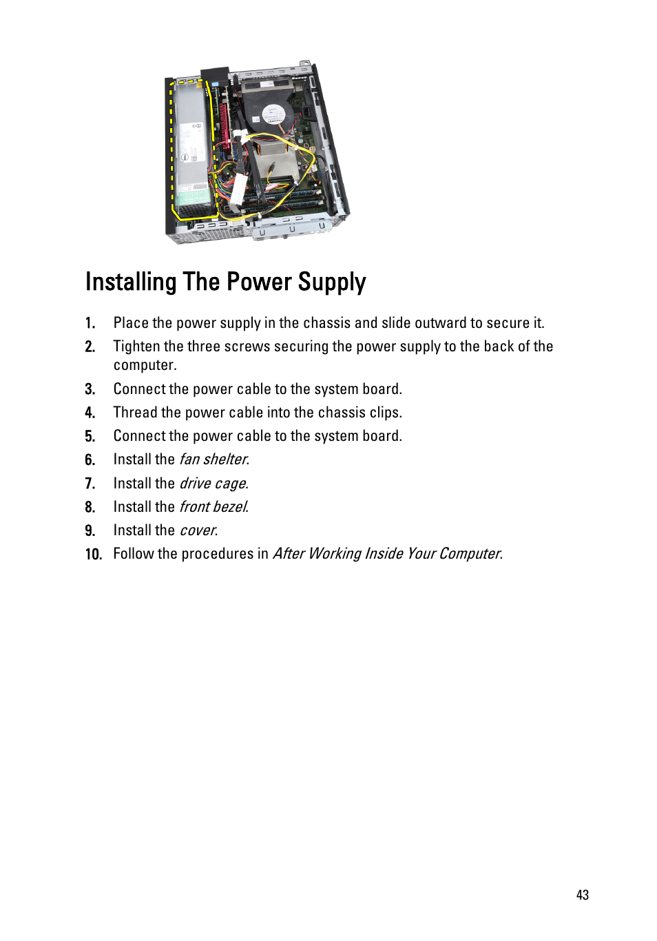 Installing the power supply | Dell OptiPlex 990 (Early 2011) User Manual | Page 43 / 99