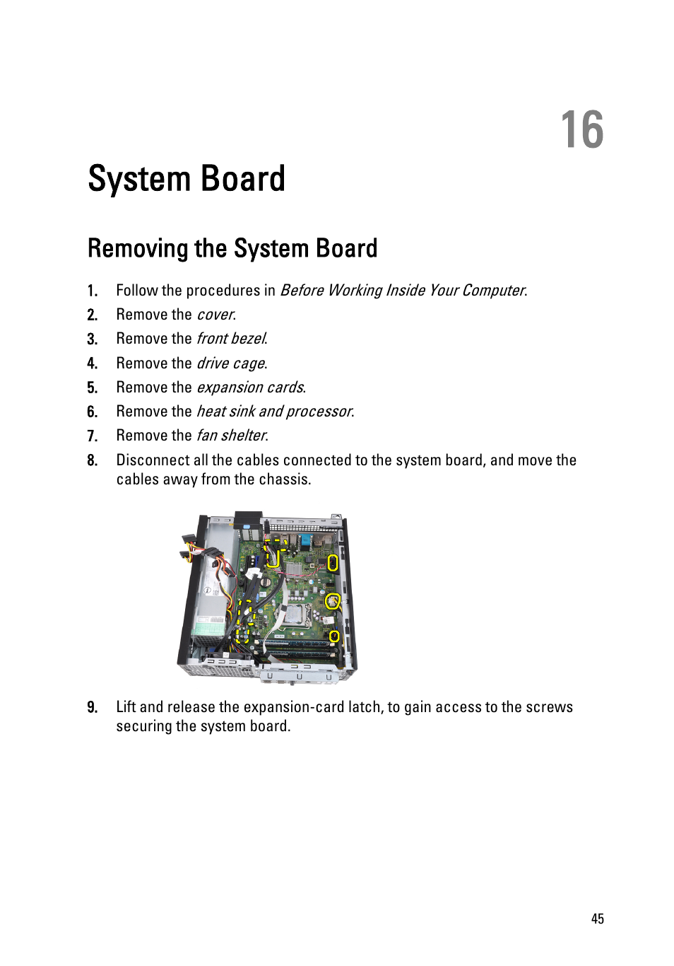 System board, Removing the system board, 16 system board | Dell OptiPlex 990 (Early 2011) User Manual | Page 45 / 99