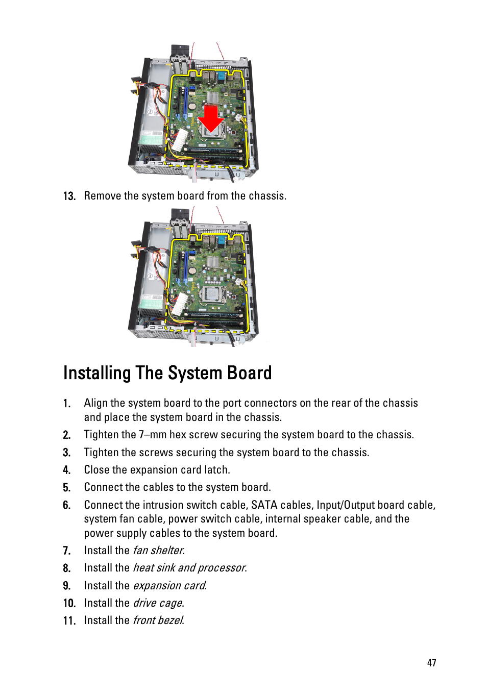 Installing the system board | Dell OptiPlex 990 (Early 2011) User Manual | Page 47 / 99