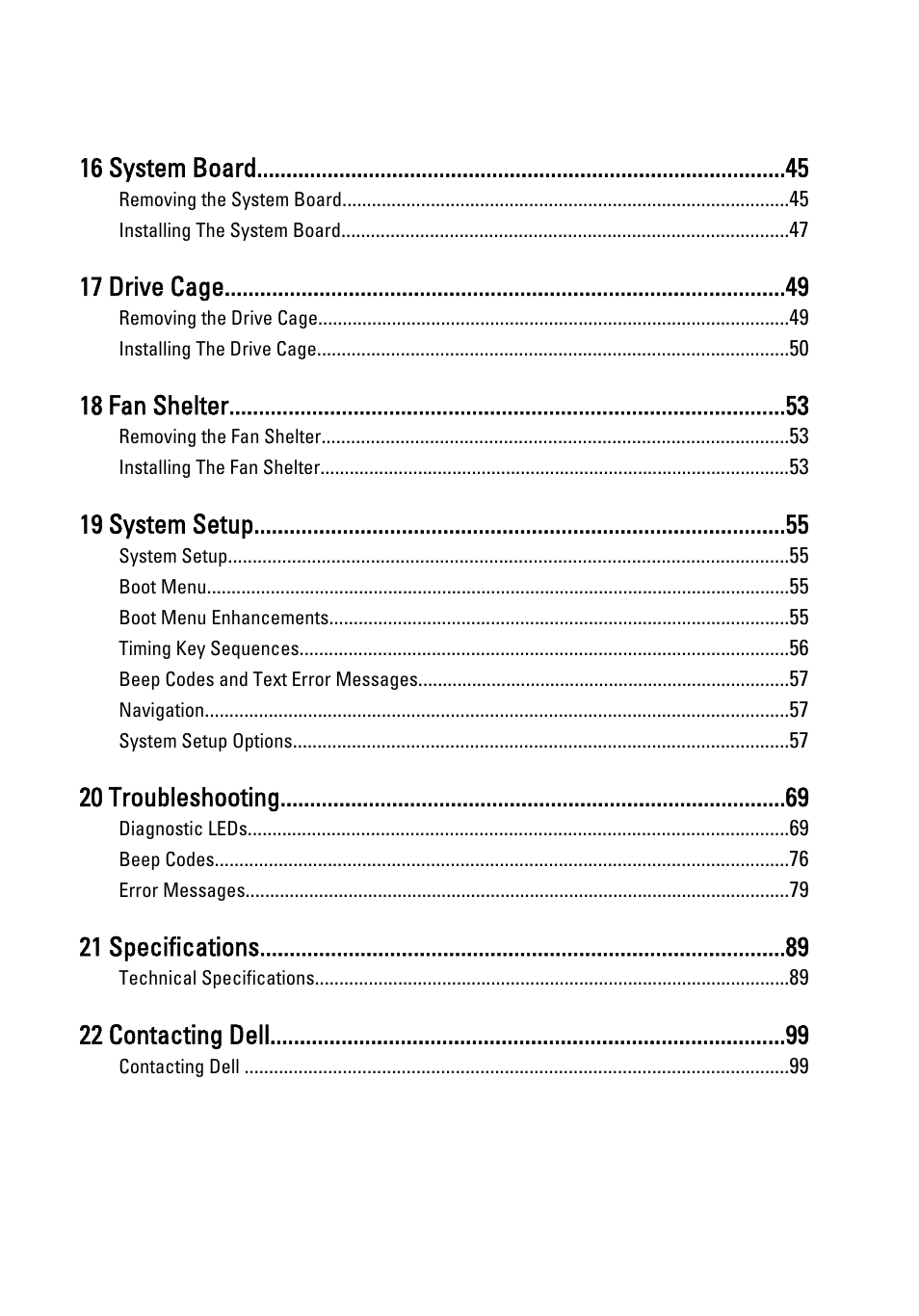 16 system board, 17 drive cage, 18 fan shelter | 19 system setup, 20 troubleshooting, 21 specifications, 22 contacting dell | Dell OptiPlex 990 (Early 2011) User Manual | Page 5 / 99