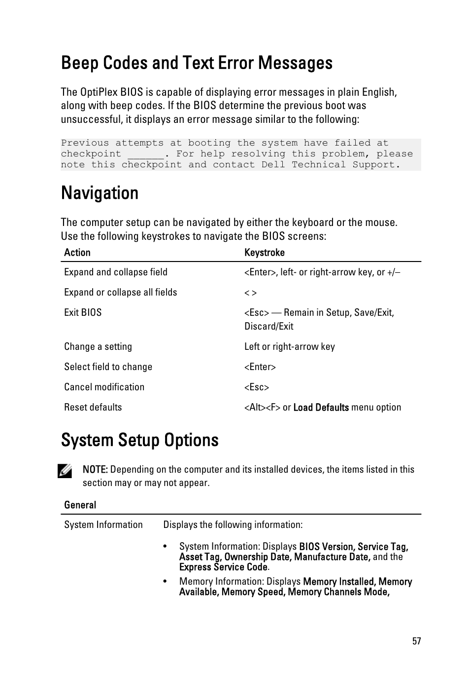 Beep codes and text error messages, Navigation, System setup options | Dell OptiPlex 990 (Early 2011) User Manual | Page 57 / 99