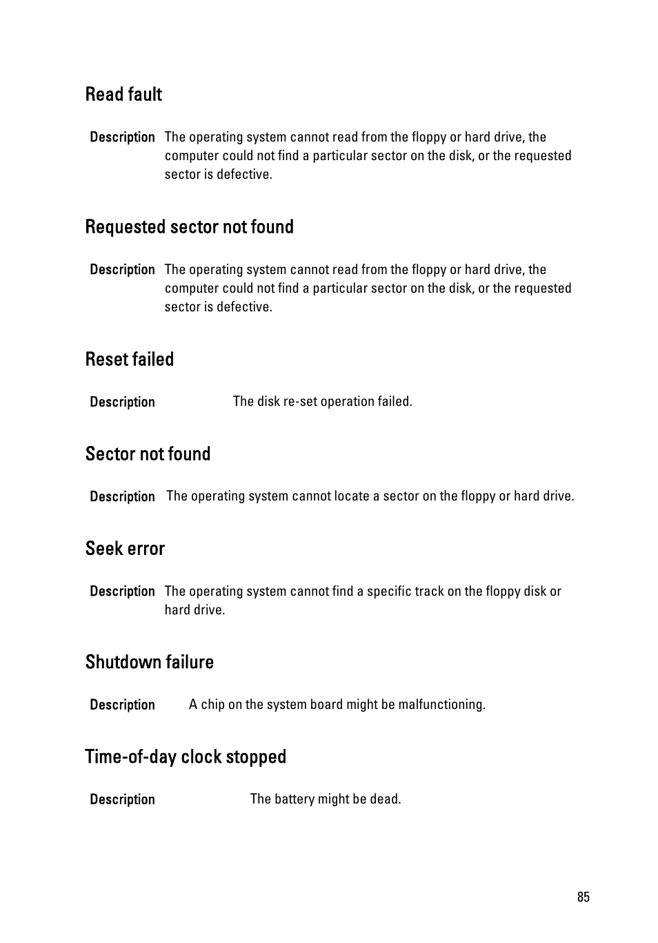 Read fault, Requested sector not found, Reset failed | Sector not found, Seek error, Shutdown failure, Time-of-day clock stopped | Dell OptiPlex 990 (Early 2011) User Manual | Page 85 / 99