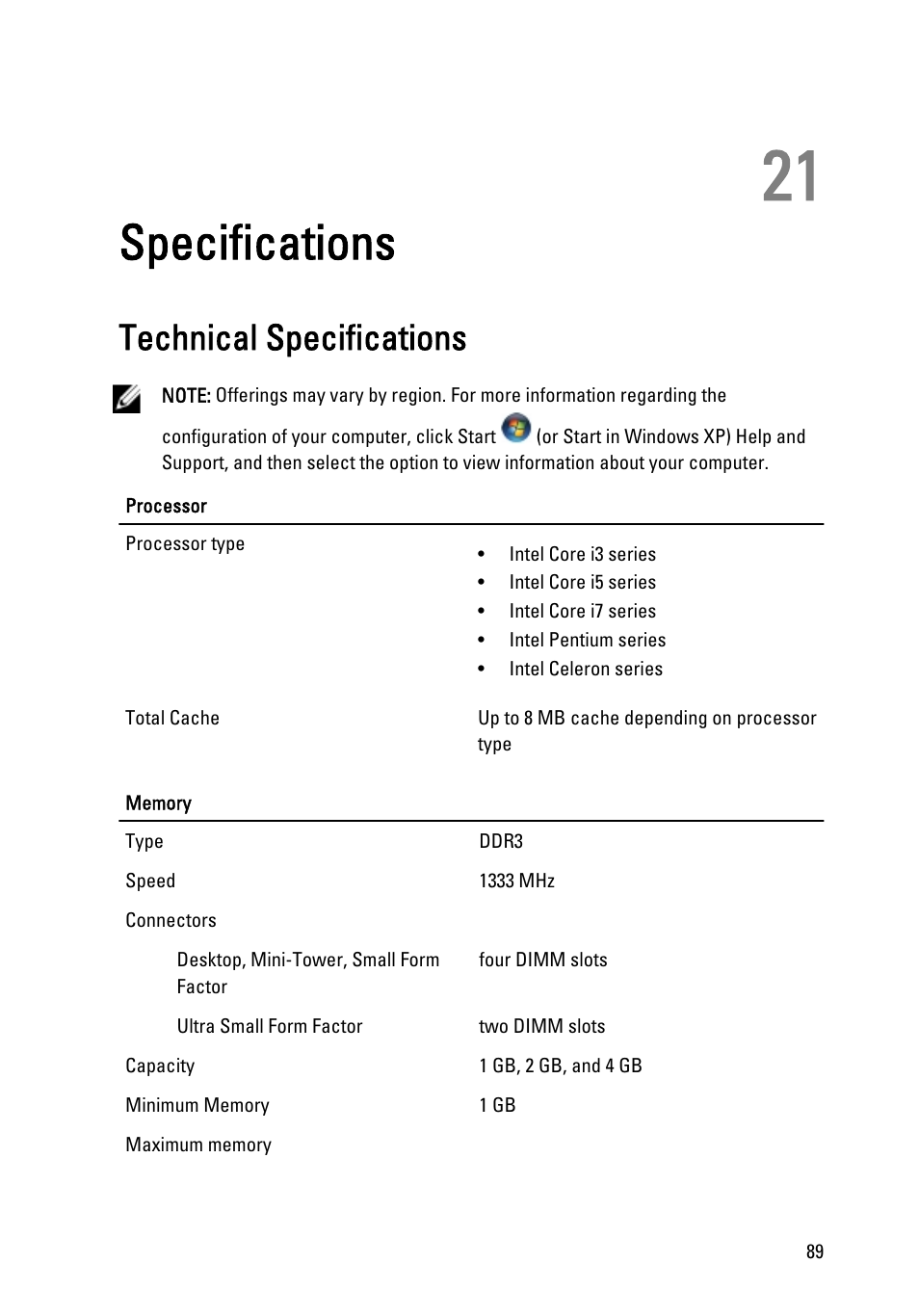 Specifications, Technical specifications, 21 specifications | Dell OptiPlex 990 (Early 2011) User Manual | Page 89 / 99