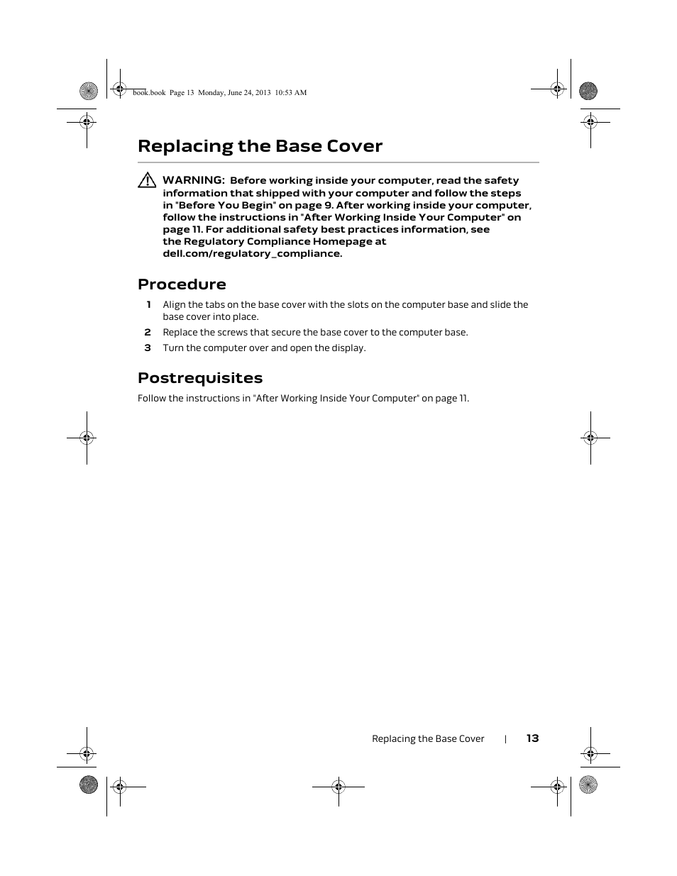 Replacing the base cover, Procedure, Postrequisites | Dell Alienware 14 (Mid 2013) User Manual | Page 13 / 109