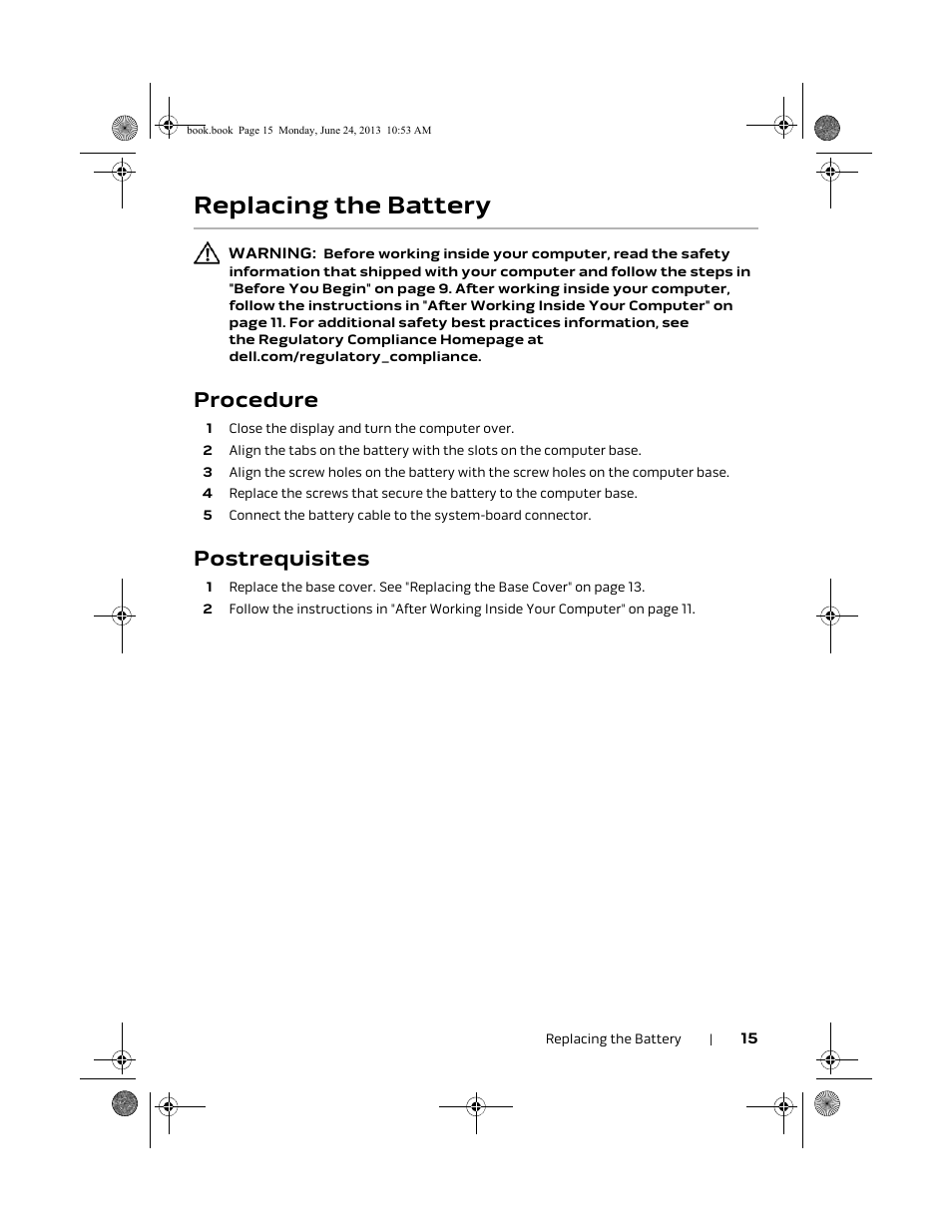 Replacing the battery, Procedure, Postrequisites | Dell Alienware 14 (Mid 2013) User Manual | Page 15 / 109