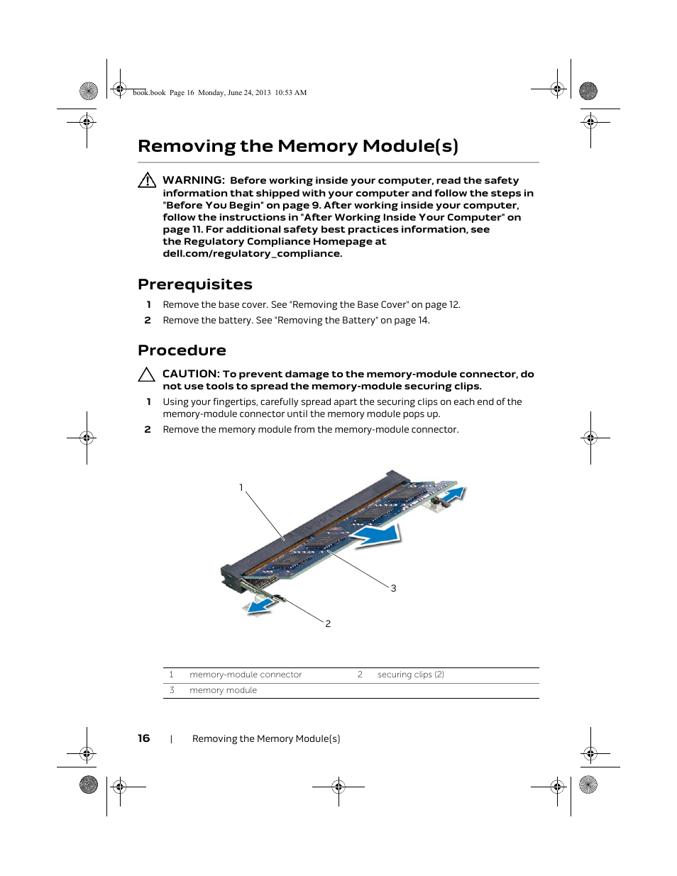 Removing the memory module(s), Prerequisites, Procedure | Dell Alienware 14 (Mid 2013) User Manual | Page 16 / 109