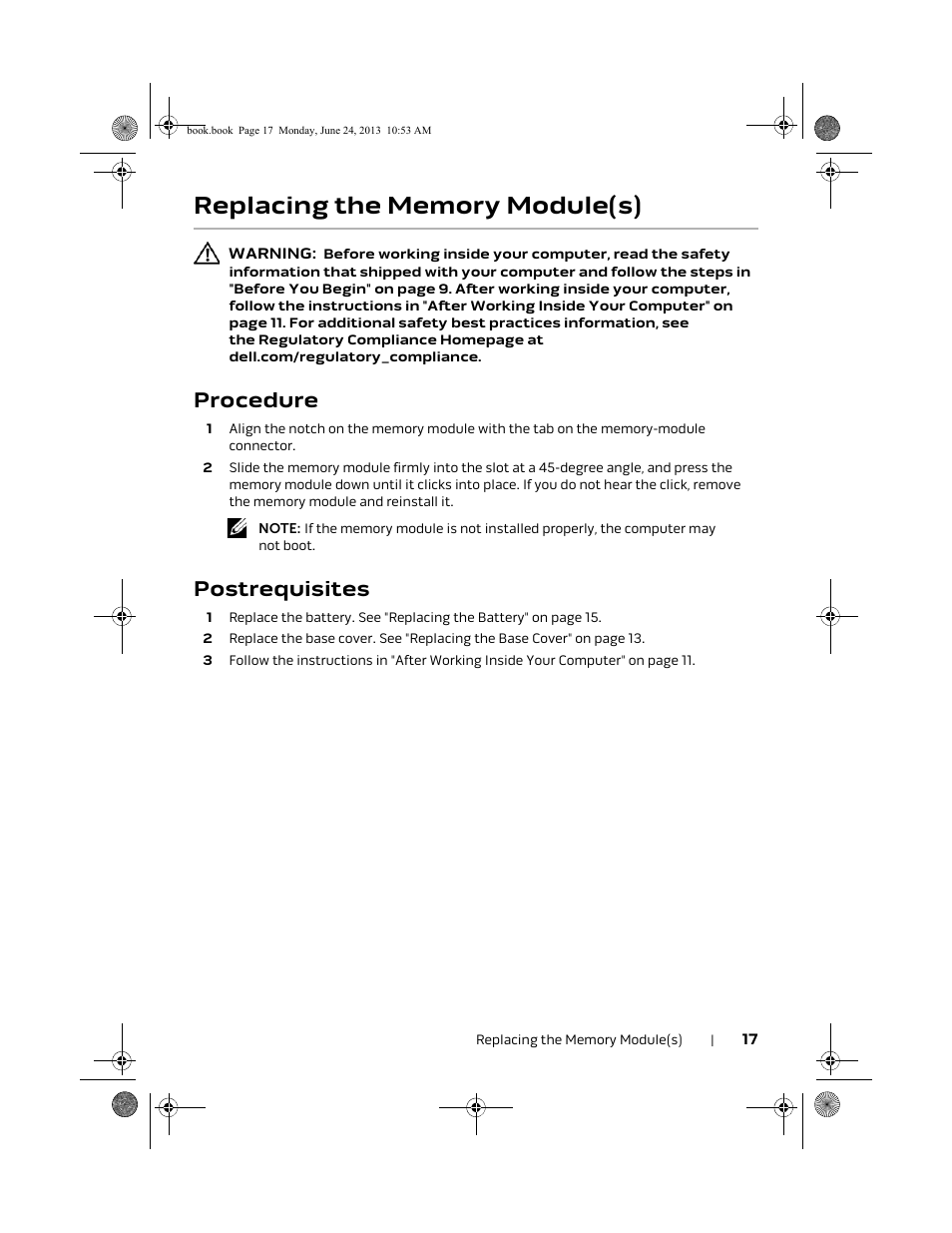 Replacing the memory module(s), Procedure, Postrequisites | Dell Alienware 14 (Mid 2013) User Manual | Page 17 / 109