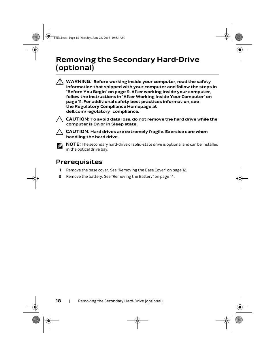 Removing the secondary hard-drive (optional), Prerequisites | Dell Alienware 14 (Mid 2013) User Manual | Page 18 / 109