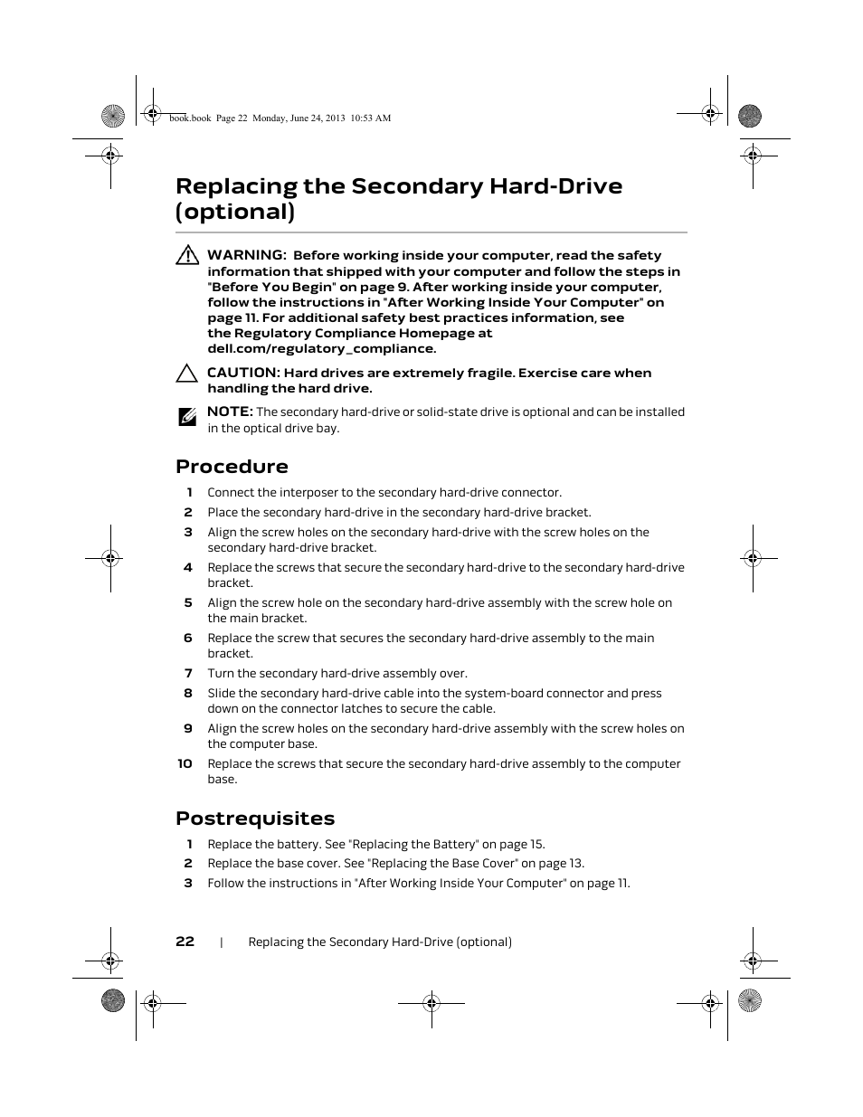 Replacing the secondary hard-drive (optional), Procedure, Postrequisites | Dell Alienware 14 (Mid 2013) User Manual | Page 22 / 109