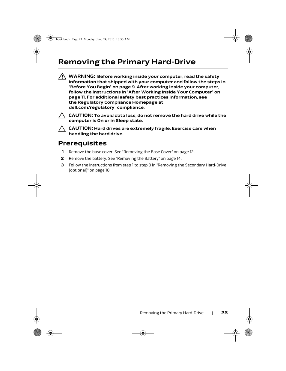 Removing the primary hard-drive, Prerequisites | Dell Alienware 14 (Mid 2013) User Manual | Page 23 / 109