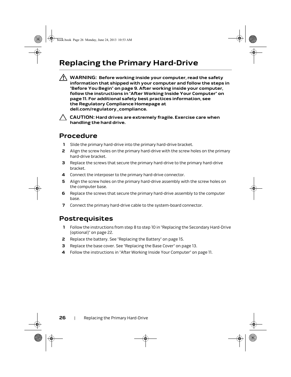 Replacing the primary hard-drive, Procedure, Postrequisites | Dell Alienware 14 (Mid 2013) User Manual | Page 26 / 109