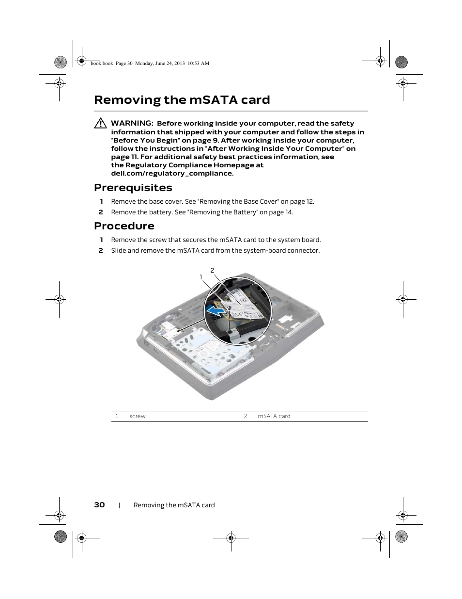 Removing the msata card, Prerequisites, Procedure | Dell Alienware 14 (Mid 2013) User Manual | Page 30 / 109