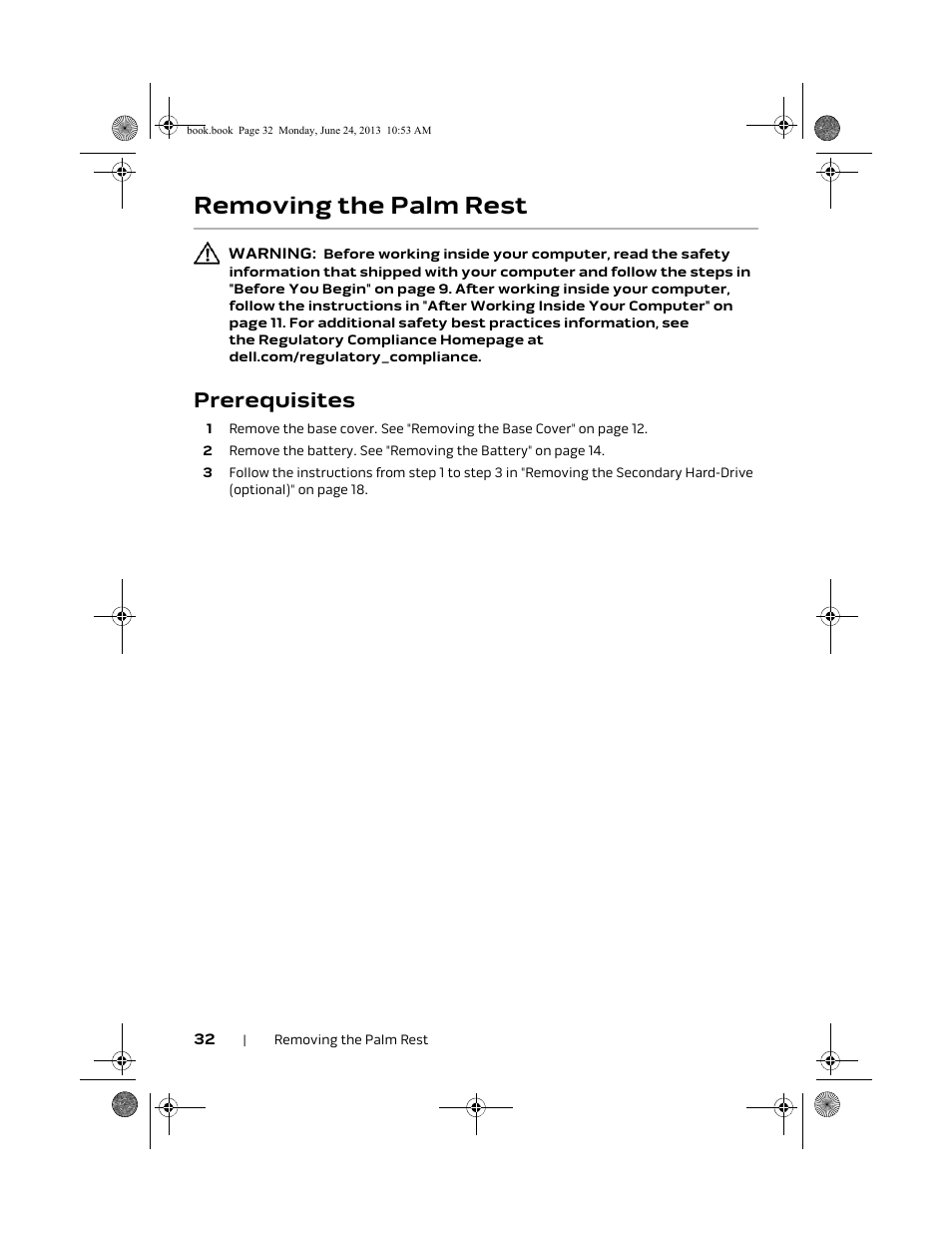 Removing the palm rest, Prerequisites | Dell Alienware 14 (Mid 2013) User Manual | Page 32 / 109