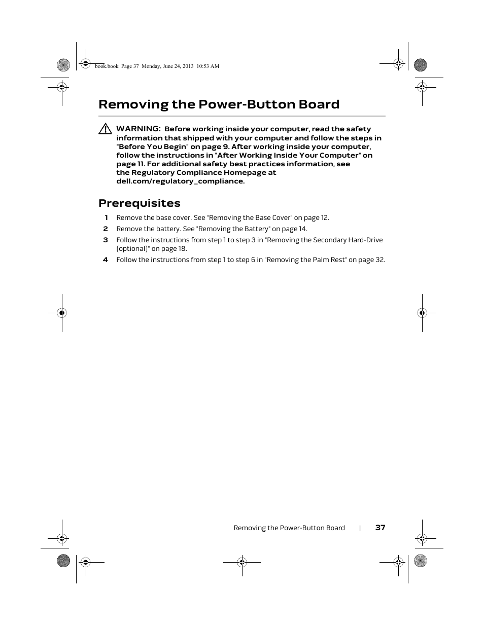 Removing the power-button board, Prerequisites | Dell Alienware 14 (Mid 2013) User Manual | Page 37 / 109