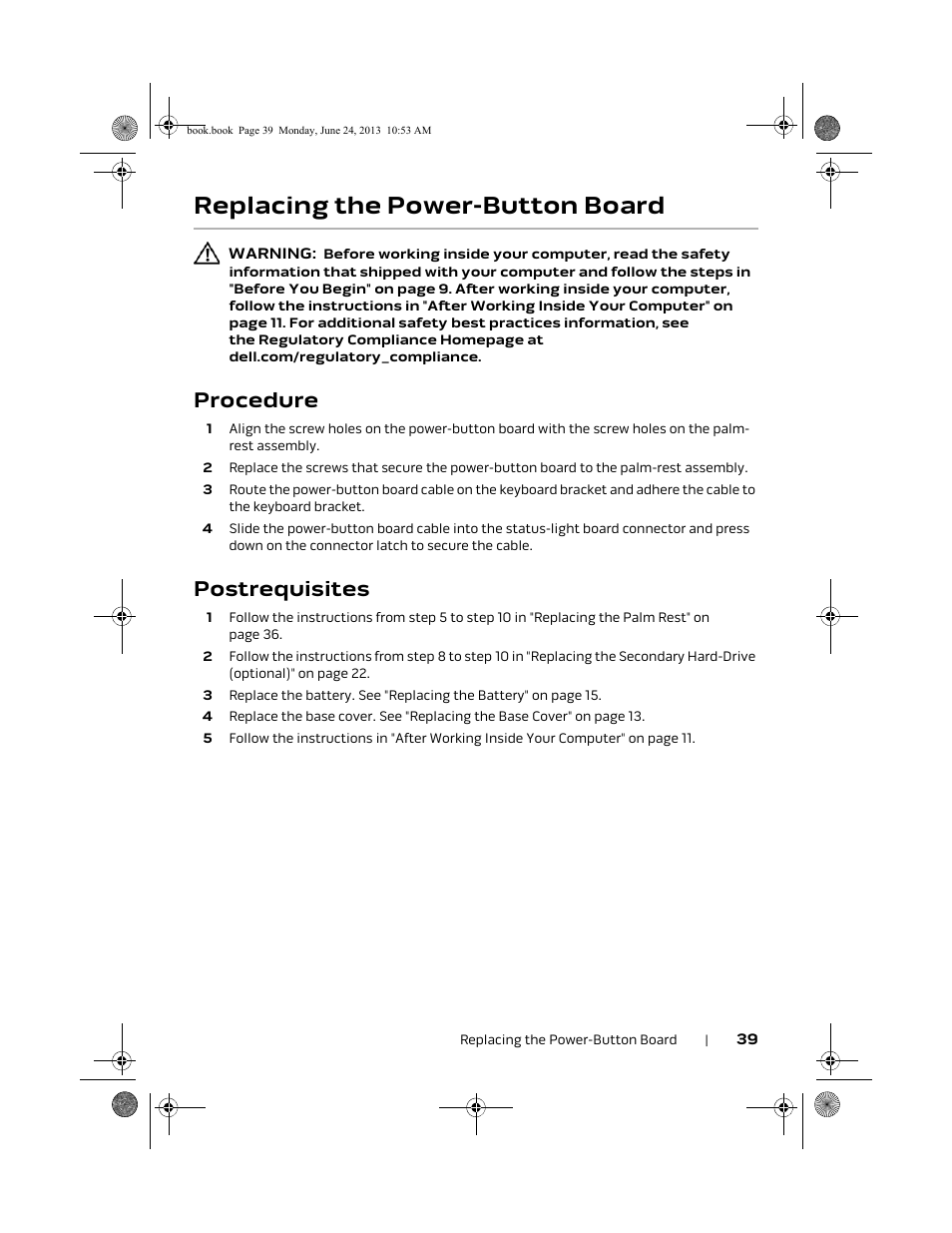 Replacing the power-button board, Procedure, Postrequisites | Dell Alienware 14 (Mid 2013) User Manual | Page 39 / 109