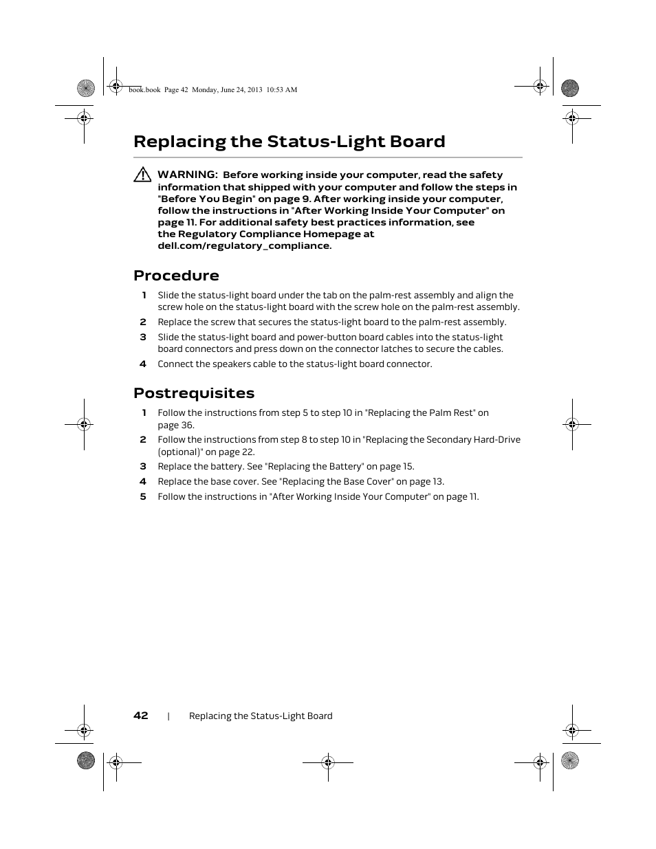 Replacing the status-light board, Procedure, Postrequisites | Dell Alienware 14 (Mid 2013) User Manual | Page 42 / 109