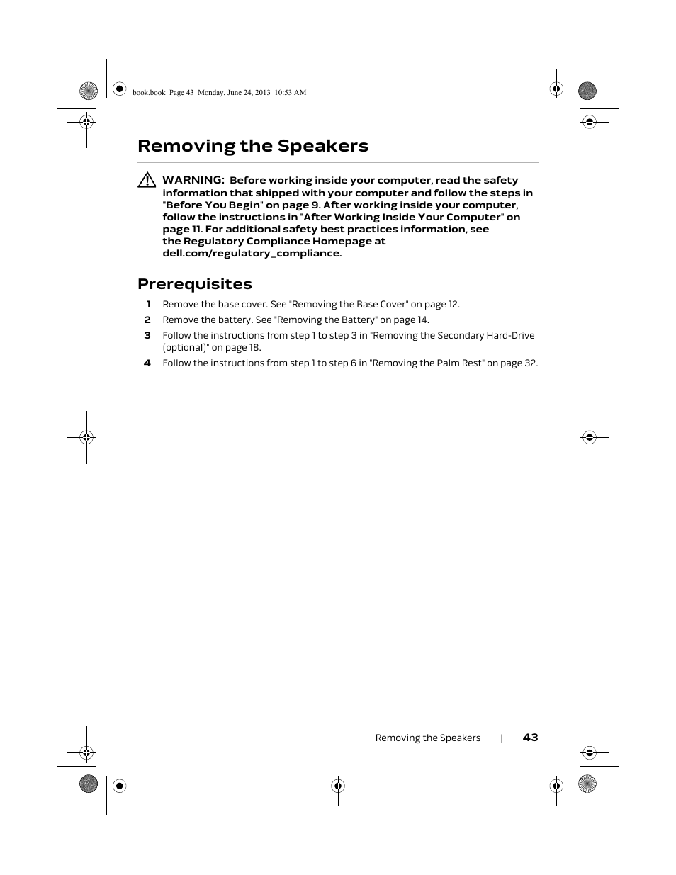 Removing the speakers, Prerequisites | Dell Alienware 14 (Mid 2013) User Manual | Page 43 / 109