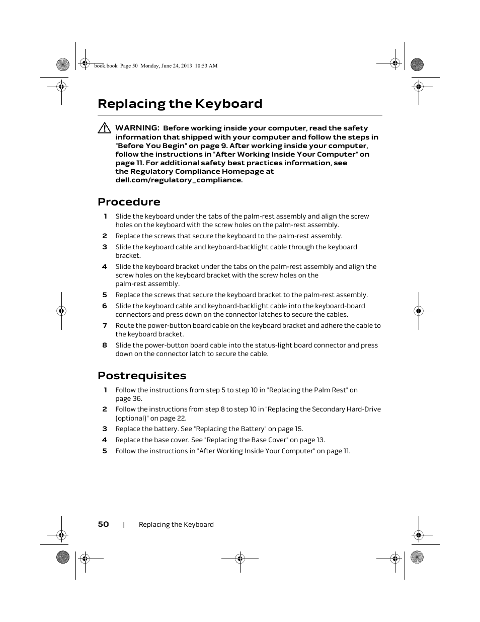 Replacing the keyboard, Procedure, Postrequisites | Dell Alienware 14 (Mid 2013) User Manual | Page 50 / 109