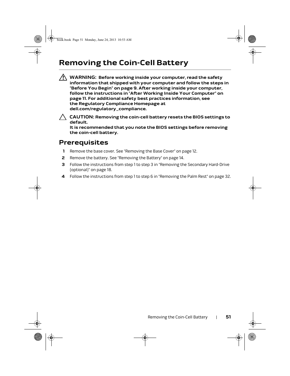 Removing the coin-cell battery, Prerequisites | Dell Alienware 14 (Mid 2013) User Manual | Page 51 / 109