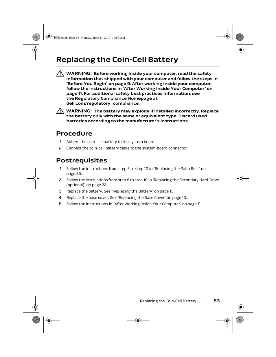 Replacing the coin-cell battery, Procedure, Postrequisites | Dell Alienware 14 (Mid 2013) User Manual | Page 53 / 109