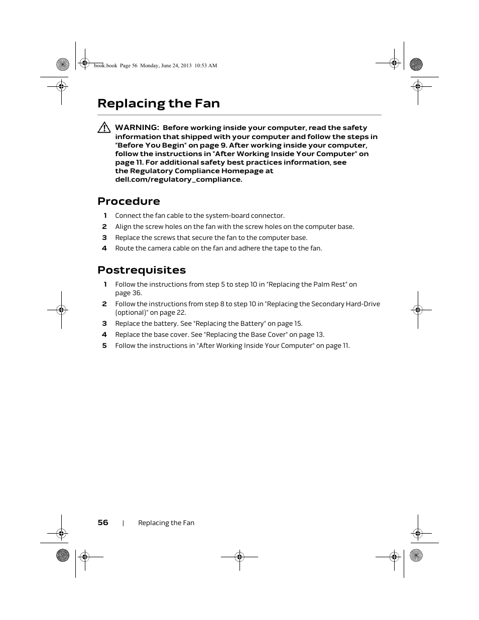 Replacing the fan, Procedure, Postrequisites | Dell Alienware 14 (Mid 2013) User Manual | Page 56 / 109