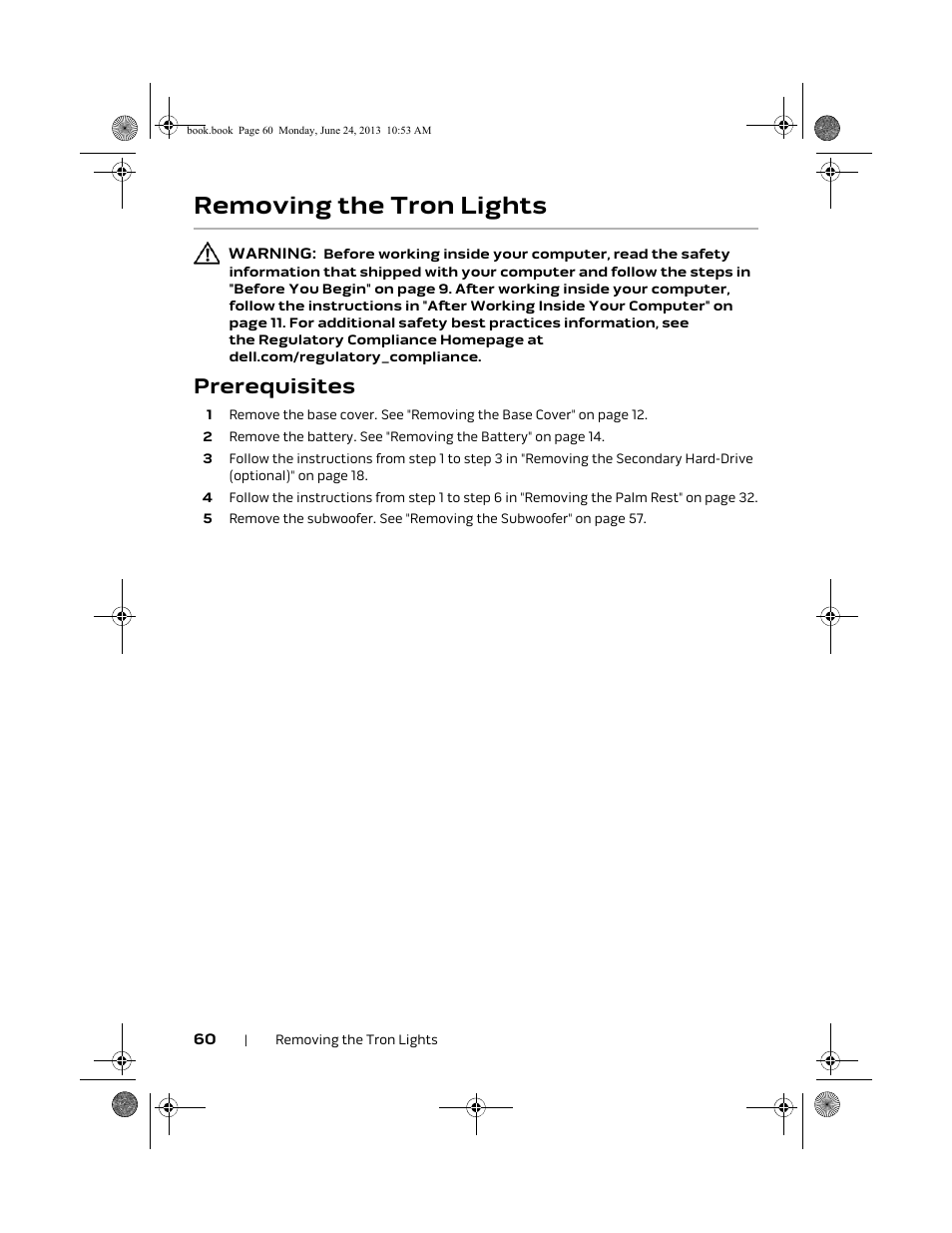 Removing the tron lights, Prerequisites | Dell Alienware 14 (Mid 2013) User Manual | Page 60 / 109