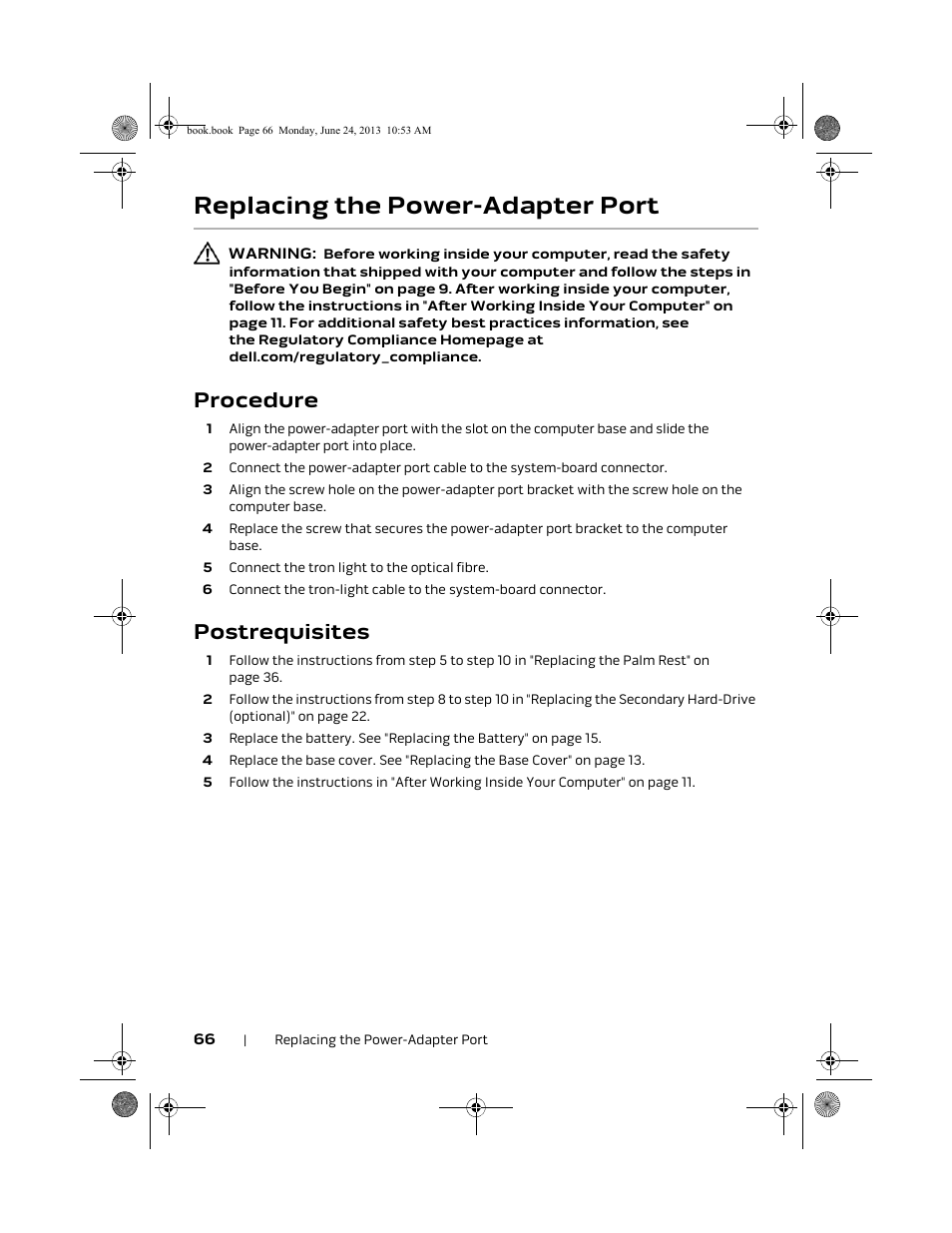 Replacing the power-adapter port, Procedure, Postrequisites | Dell Alienware 14 (Mid 2013) User Manual | Page 66 / 109