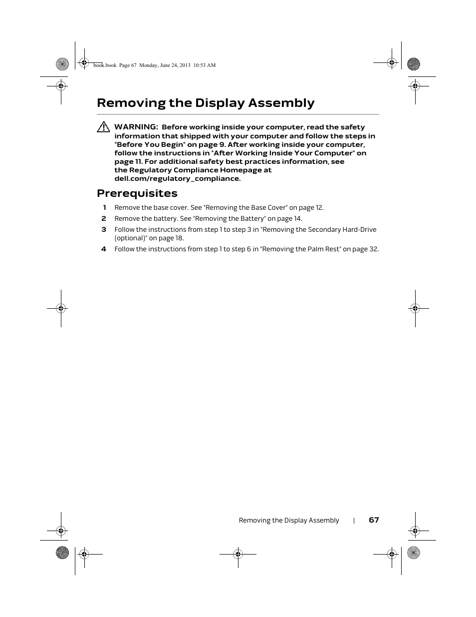 Removing the display assembly, Prerequisites | Dell Alienware 14 (Mid 2013) User Manual | Page 67 / 109