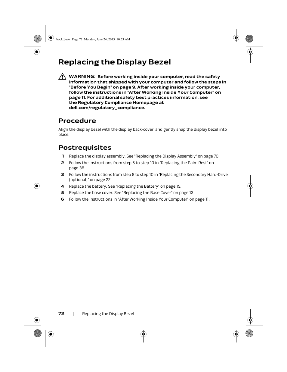 Replacing the display bezel, Procedure, Postrequisites | Dell Alienware 14 (Mid 2013) User Manual | Page 72 / 109