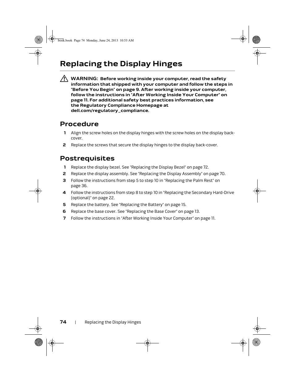 Replacing the display hinges, Procedure, Postrequisites | Dell Alienware 14 (Mid 2013) User Manual | Page 74 / 109