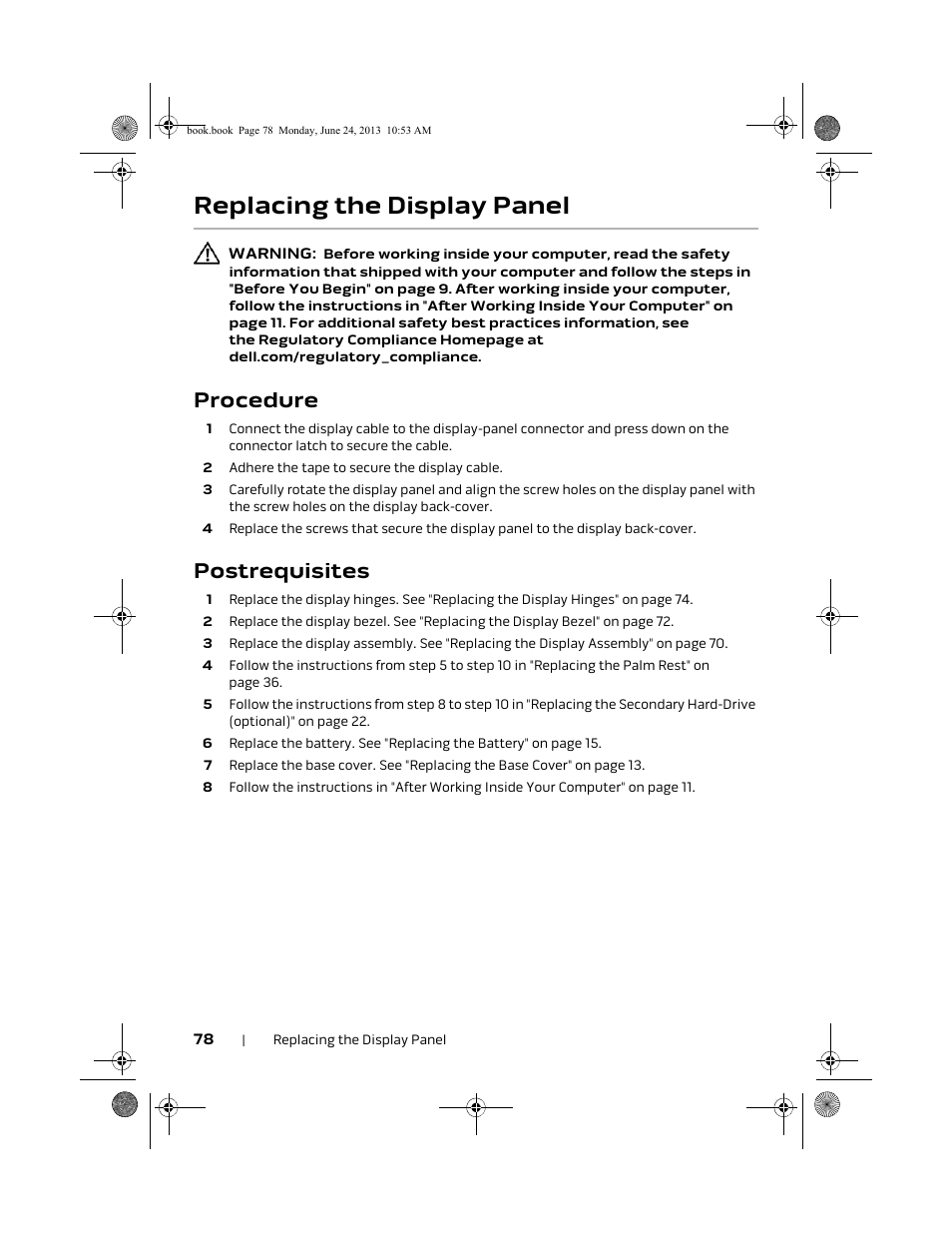 Replacing the display panel, Procedure, Postrequisites | Dell Alienware 14 (Mid 2013) User Manual | Page 78 / 109