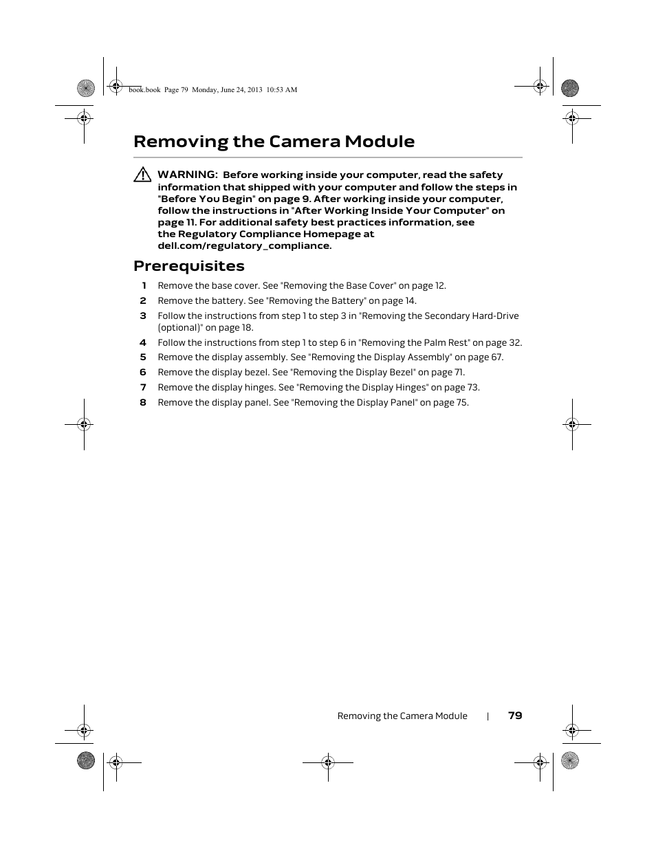 Removing the camera module, Prerequisites | Dell Alienware 14 (Mid 2013) User Manual | Page 79 / 109