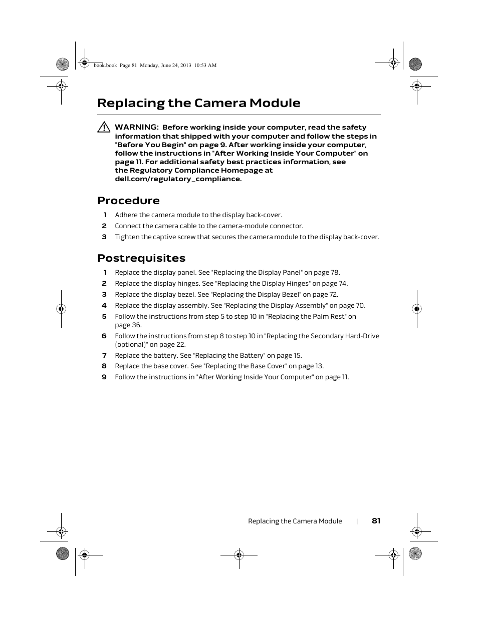 Replacing the camera module, Procedure, Postrequisites | Dell Alienware 14 (Mid 2013) User Manual | Page 81 / 109