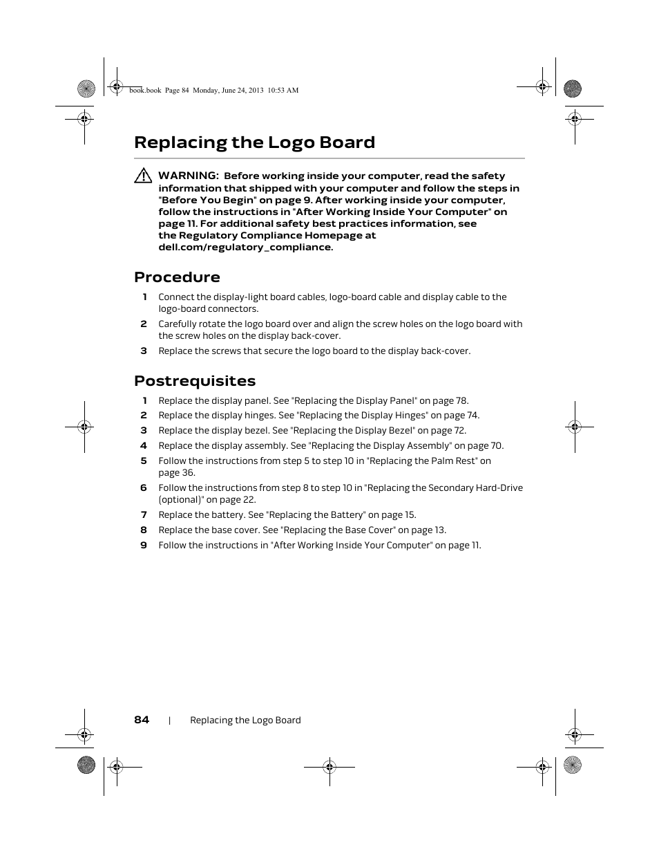 Replacing the logo board, Procedure, Postrequisites | Dell Alienware 14 (Mid 2013) User Manual | Page 84 / 109